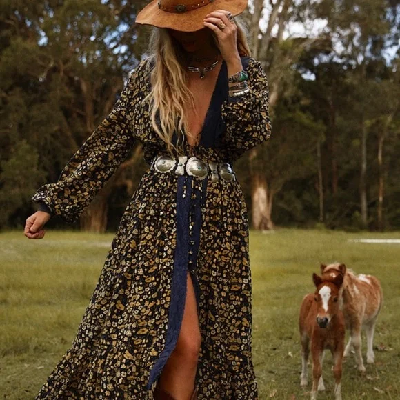 Chasing Unicorns๐ซ Izabella Duster Dress {Midnight Bloom} sz Small - Picture 1 of 15